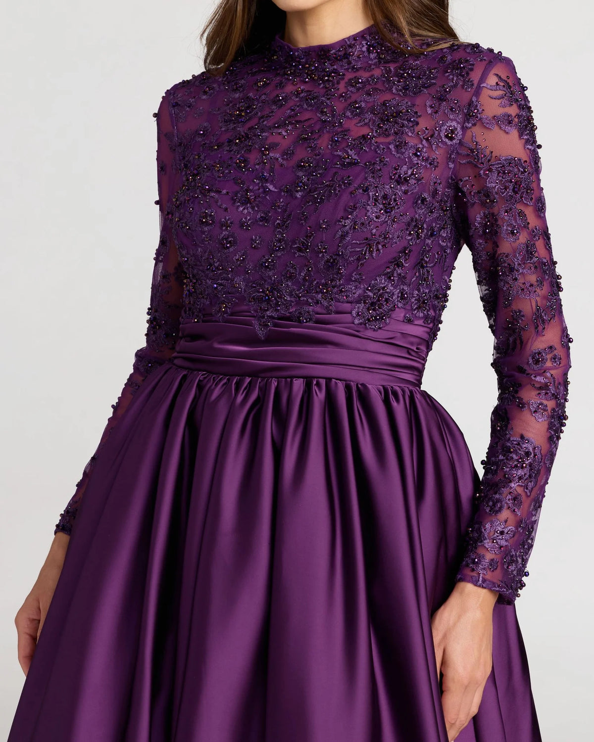 Mac Duggal Purple Embroidered Long Sleeve Satin Ball Gown #21189