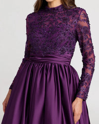 Mac Duggal Purple Embroidered Long Sleeve Satin Ball Gown #21189
