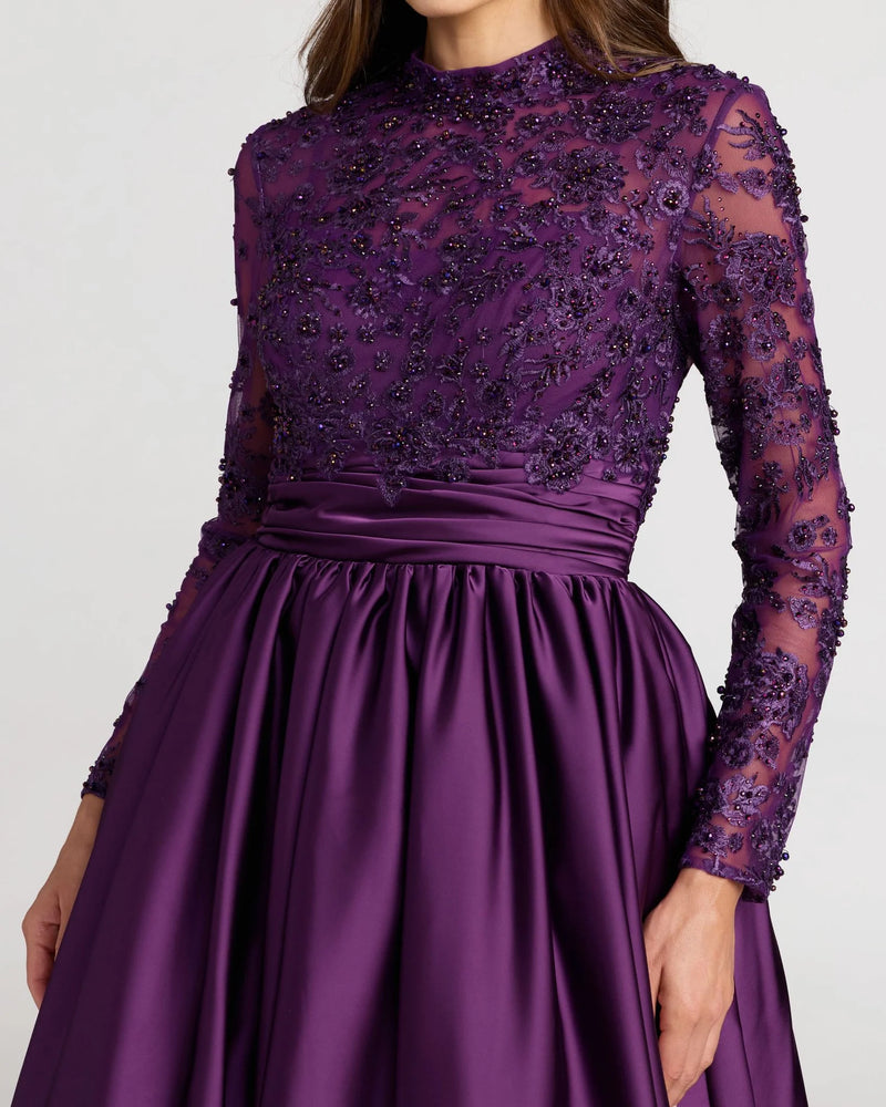 Mac Duggal Purple Embroidered Long Sleeve Satin Ball Gown #21189