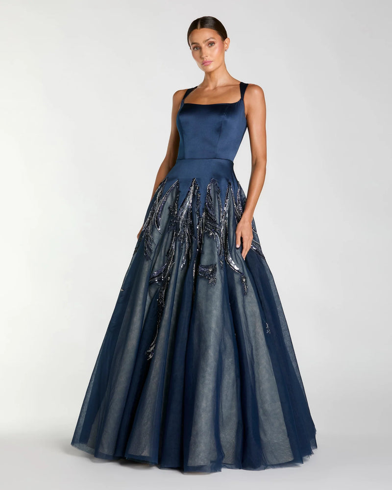 Mac Duggal Navy Embellished Satin Ball Gown With Tulle Skirt #21190