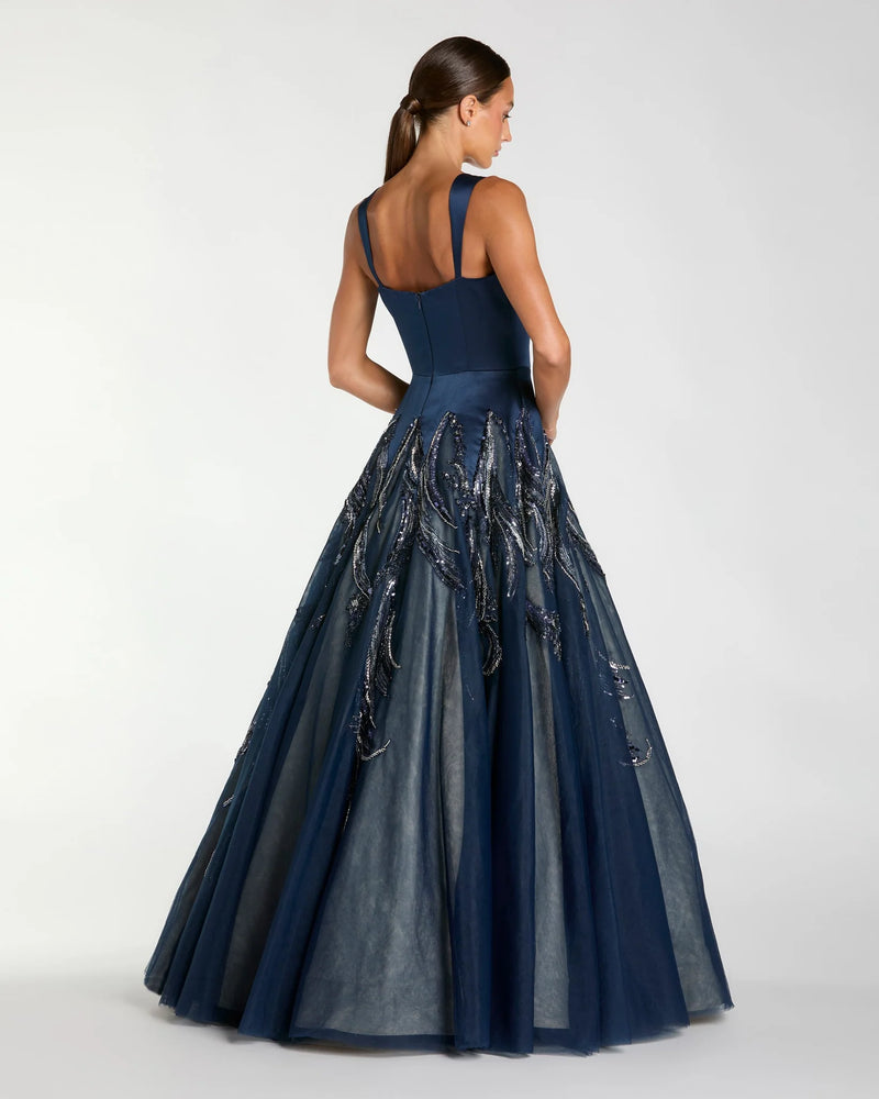 Mac Duggal Navy Embellished Satin Ball Gown With Tulle Skirt #21190