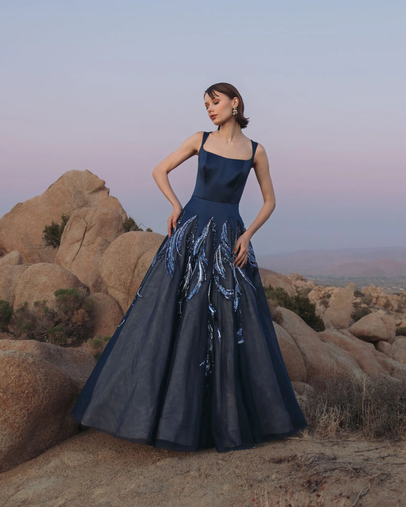 Mac Duggal Navy Embellished Satin Ball Gown With Tulle Skirt #21190
