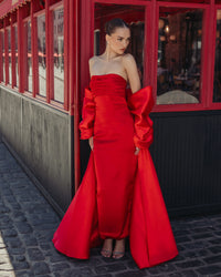 Mac Duggal #21192 ruby satin column gown lifestyle shot