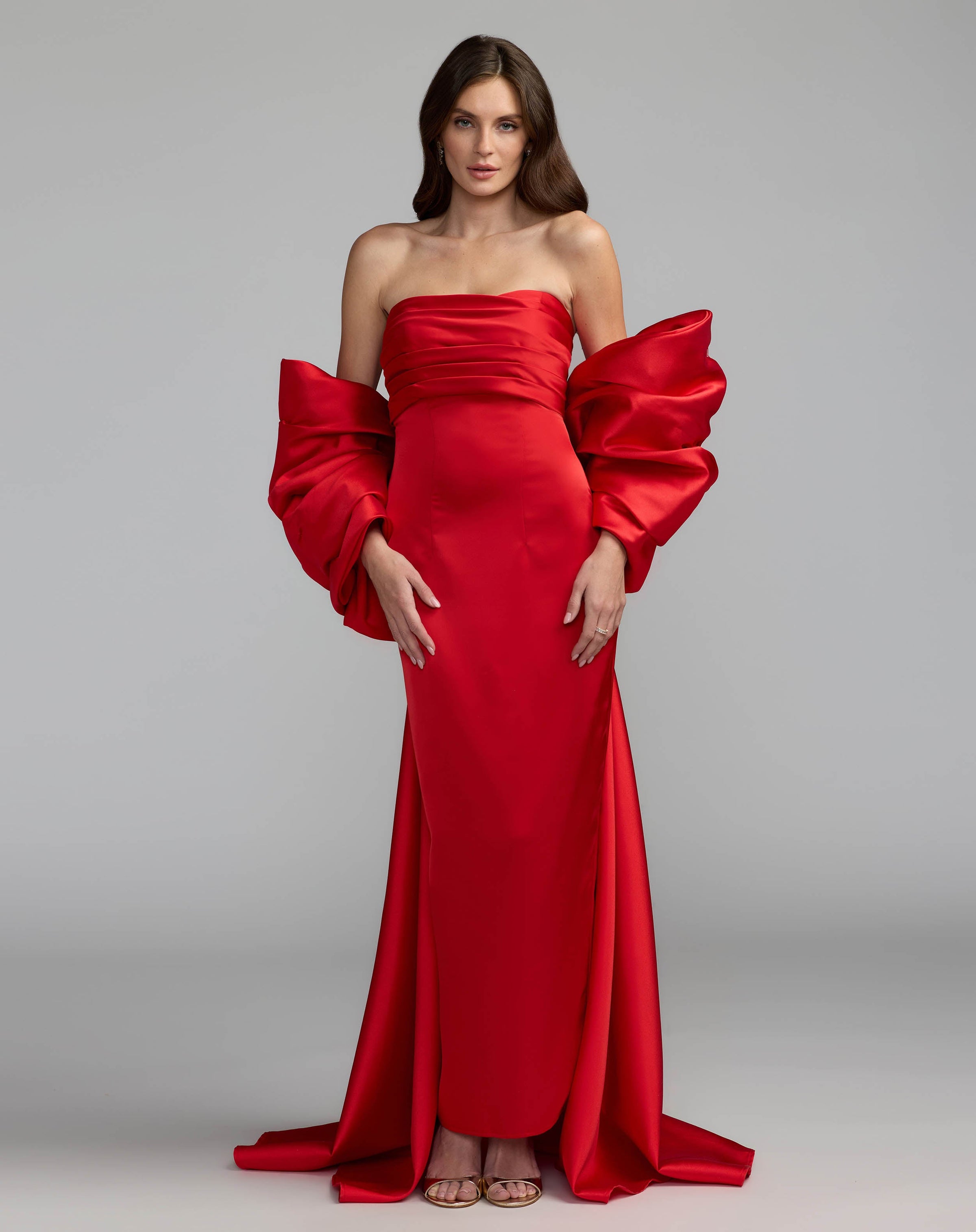 Mac Duggal #21192 ruby satin strapless column gown with oversized bow
