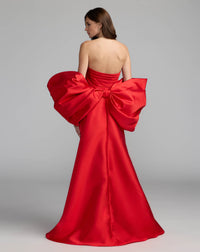 Mac Duggal #21192 ruby satin column gown back view with sweep train
