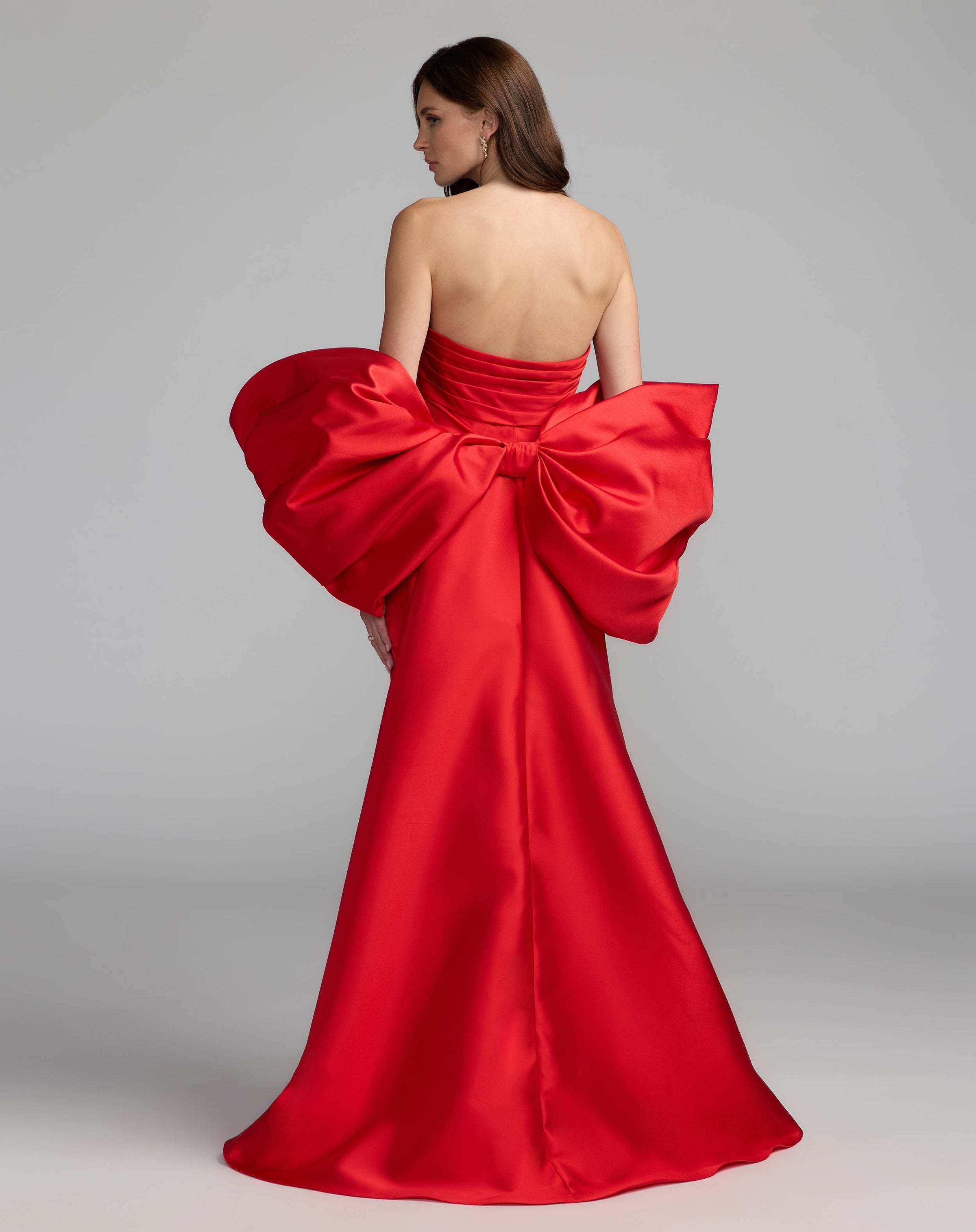 Mac Duggal #21192 ruby satin column gown back view with sweep train