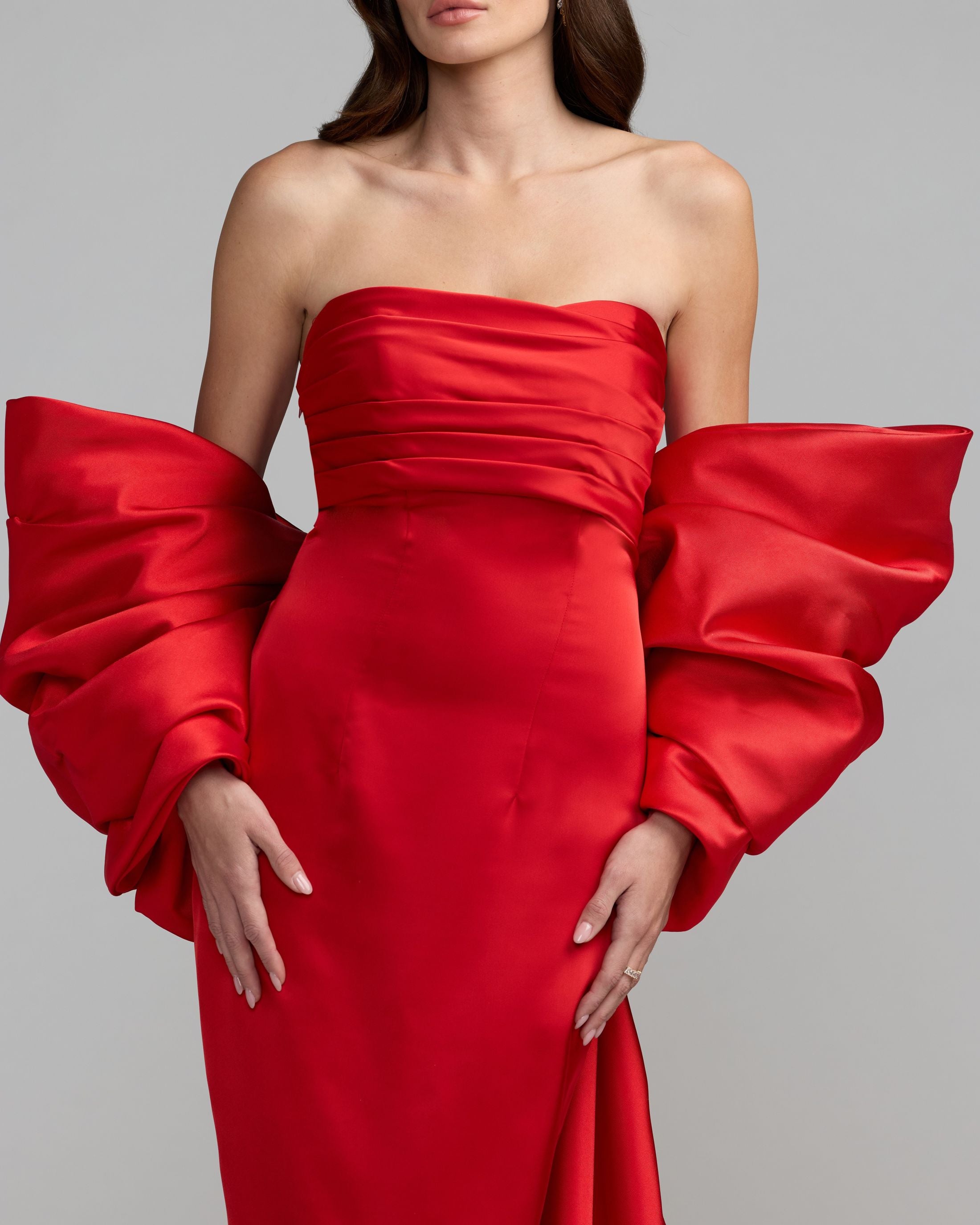 Mac Duggal #21192 ruby satin gown bow sleeve detail