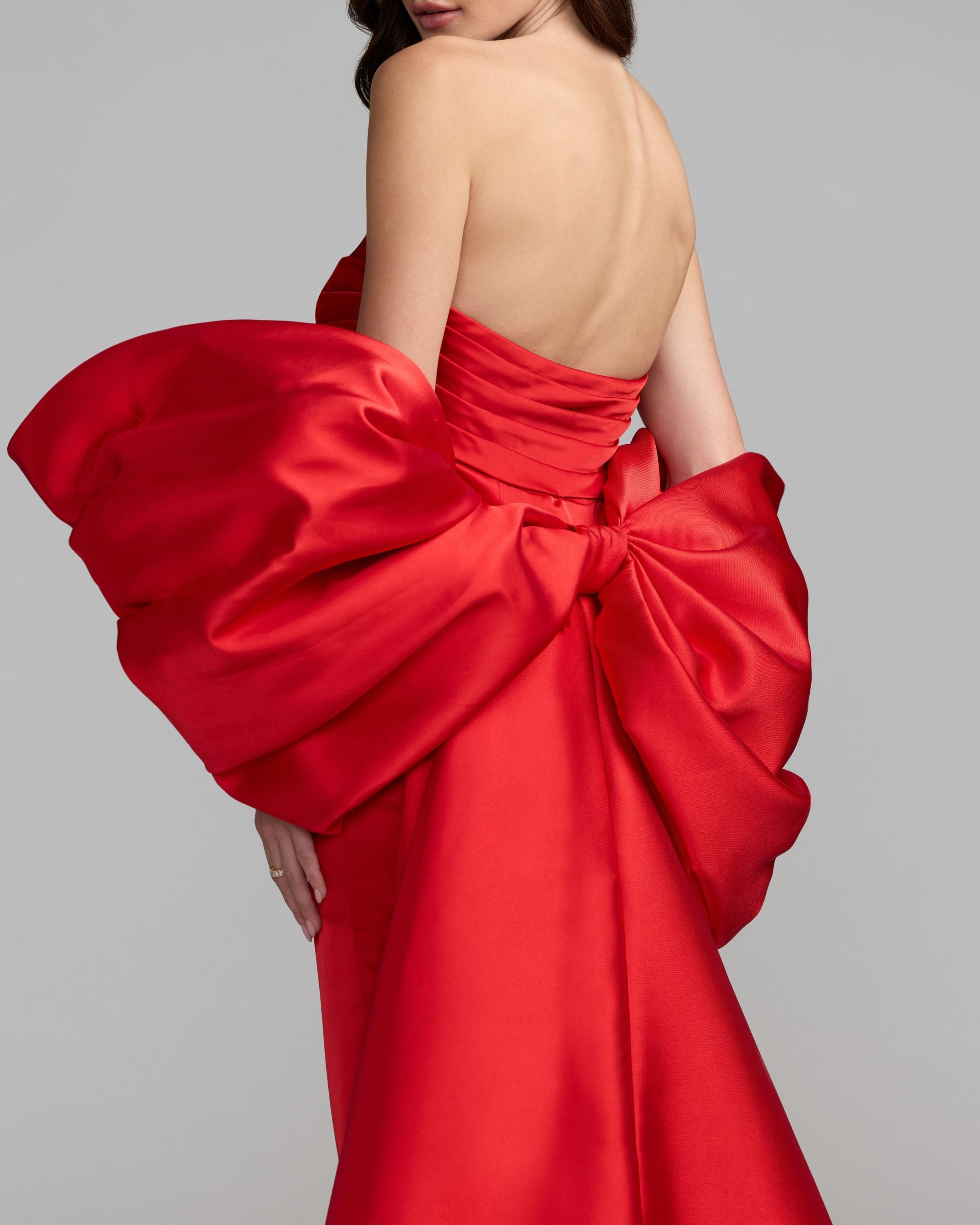 Mac Duggal #21192 ruby satin gown pleated bodice detail