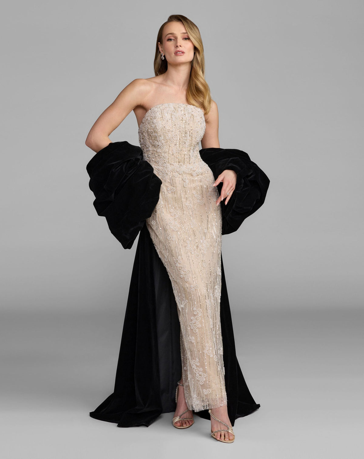 Mac Duggal #21193 black cream strapless embellished dress with velvet bow