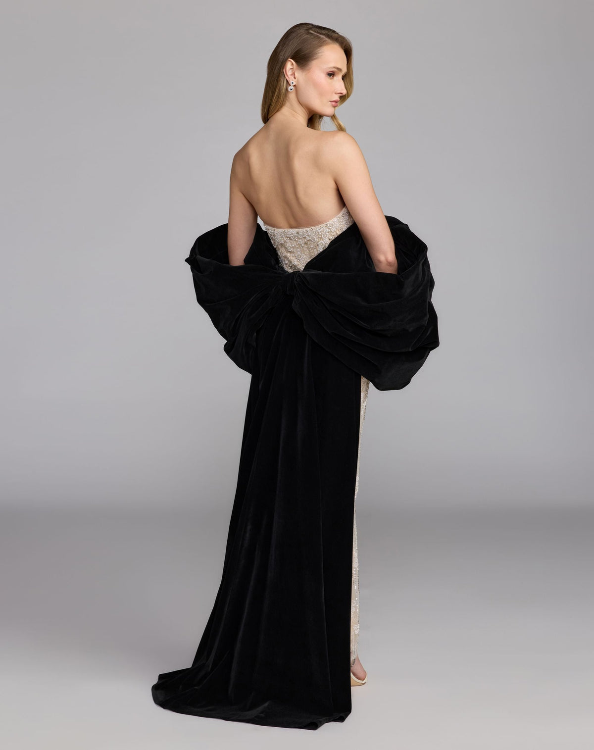 Mac Duggal #21193 black cream strapless embellished dress with velvet bow back view