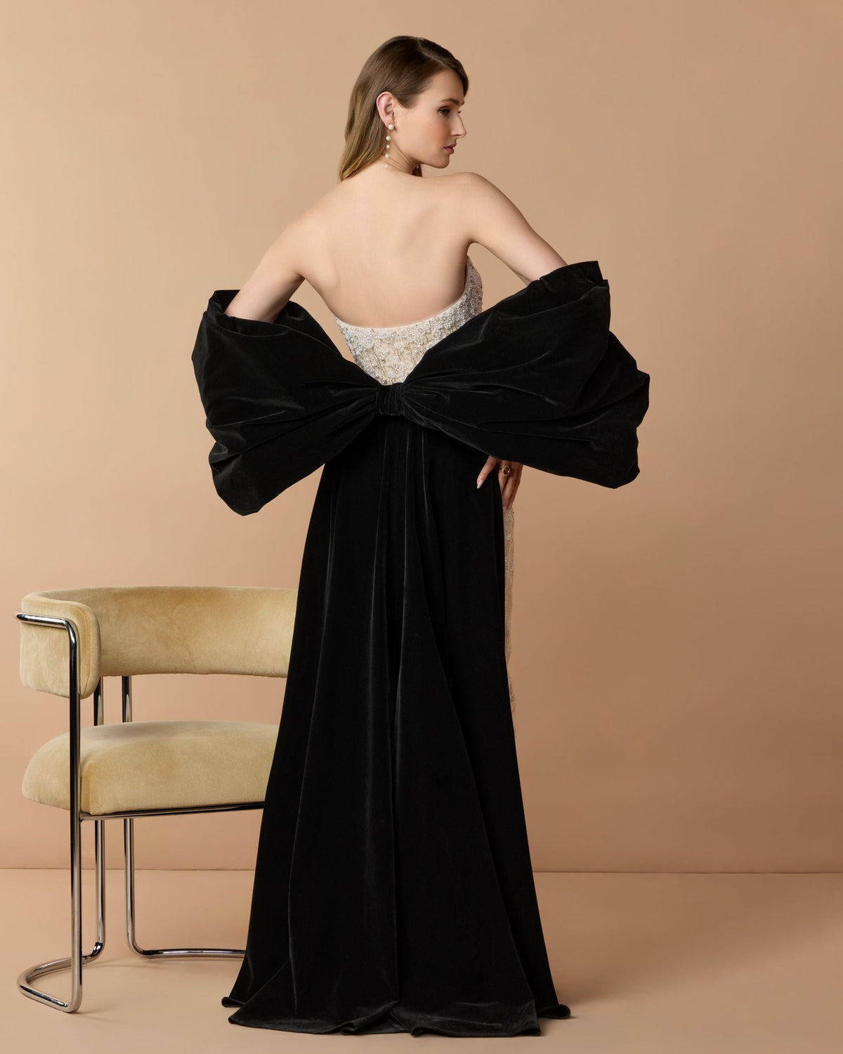 Mac Duggal #21193 black cream strapless embellished dress with velvet bow back view