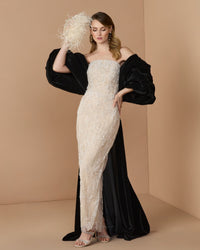 Mac Duggal #21193 black cream strapless embellished dress with velvet bow lifestyle