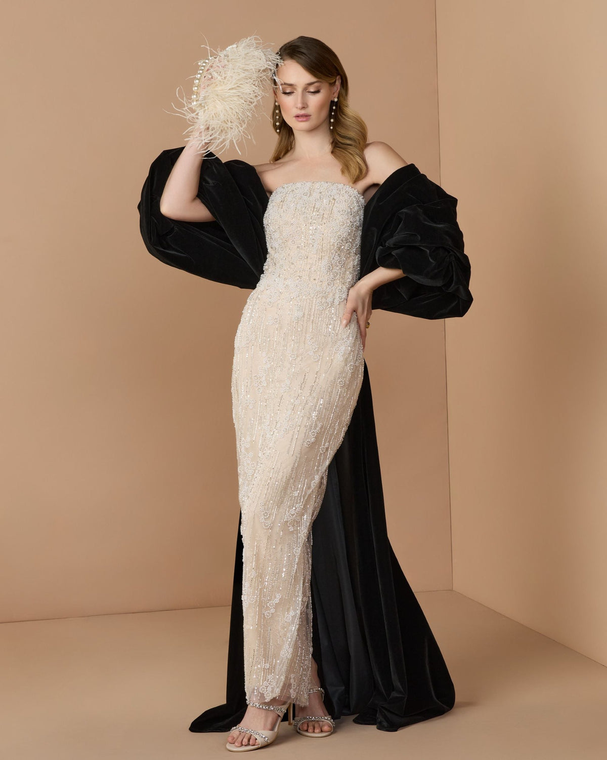 Mac Duggal #21193 black cream strapless embellished dress with velvet bow lifestyle