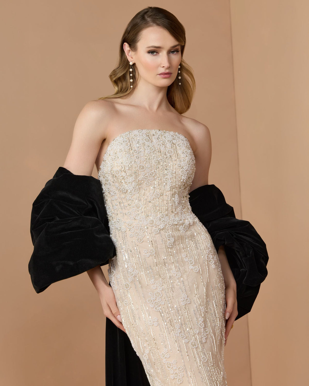 Mac Duggal #21193 black cream strapless embellished dress with velvet bow lifestyle