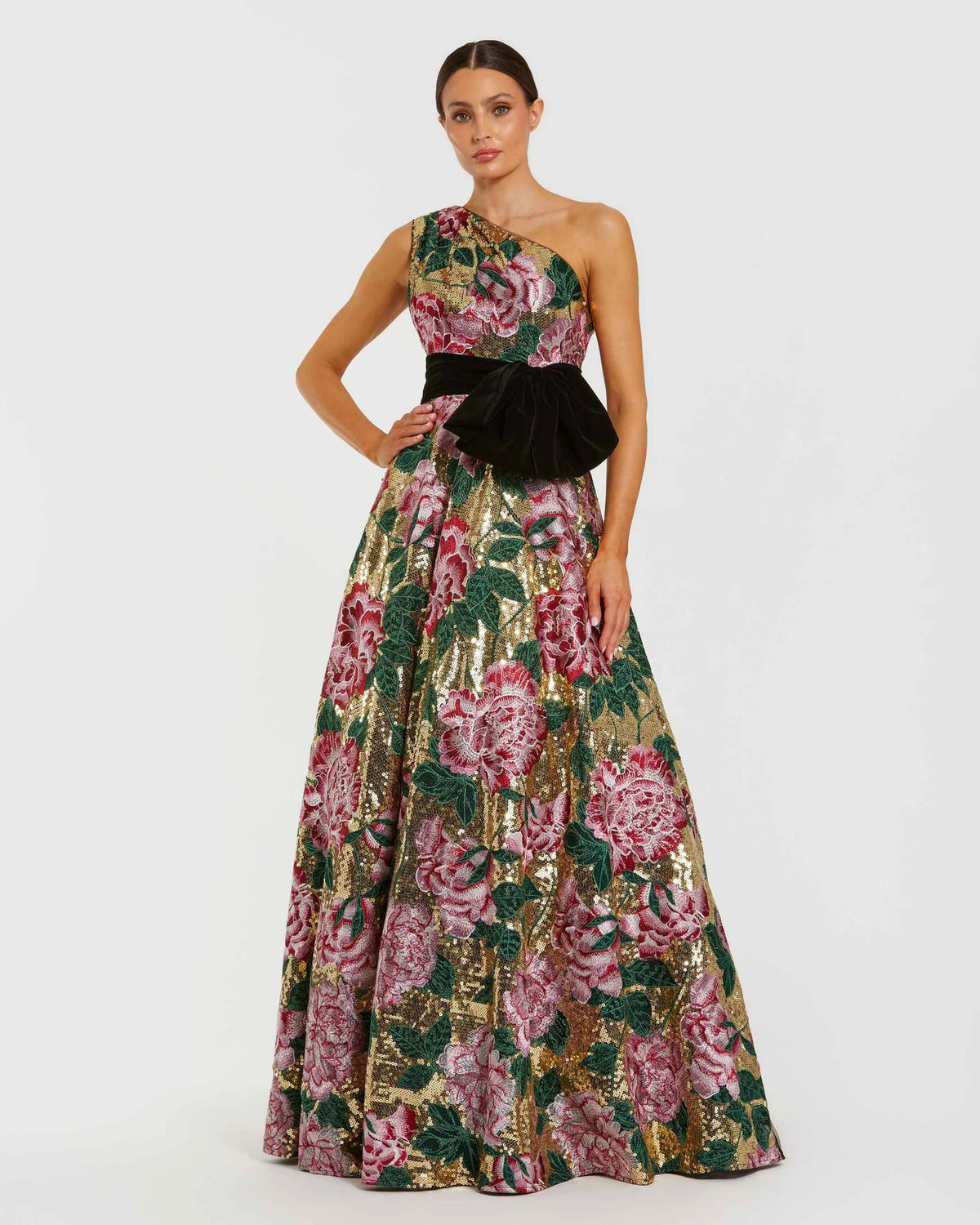 Mac Duggal Multicolor One Shoulder Sequin Ball Gown With Velvet Bow #21194 Gold 