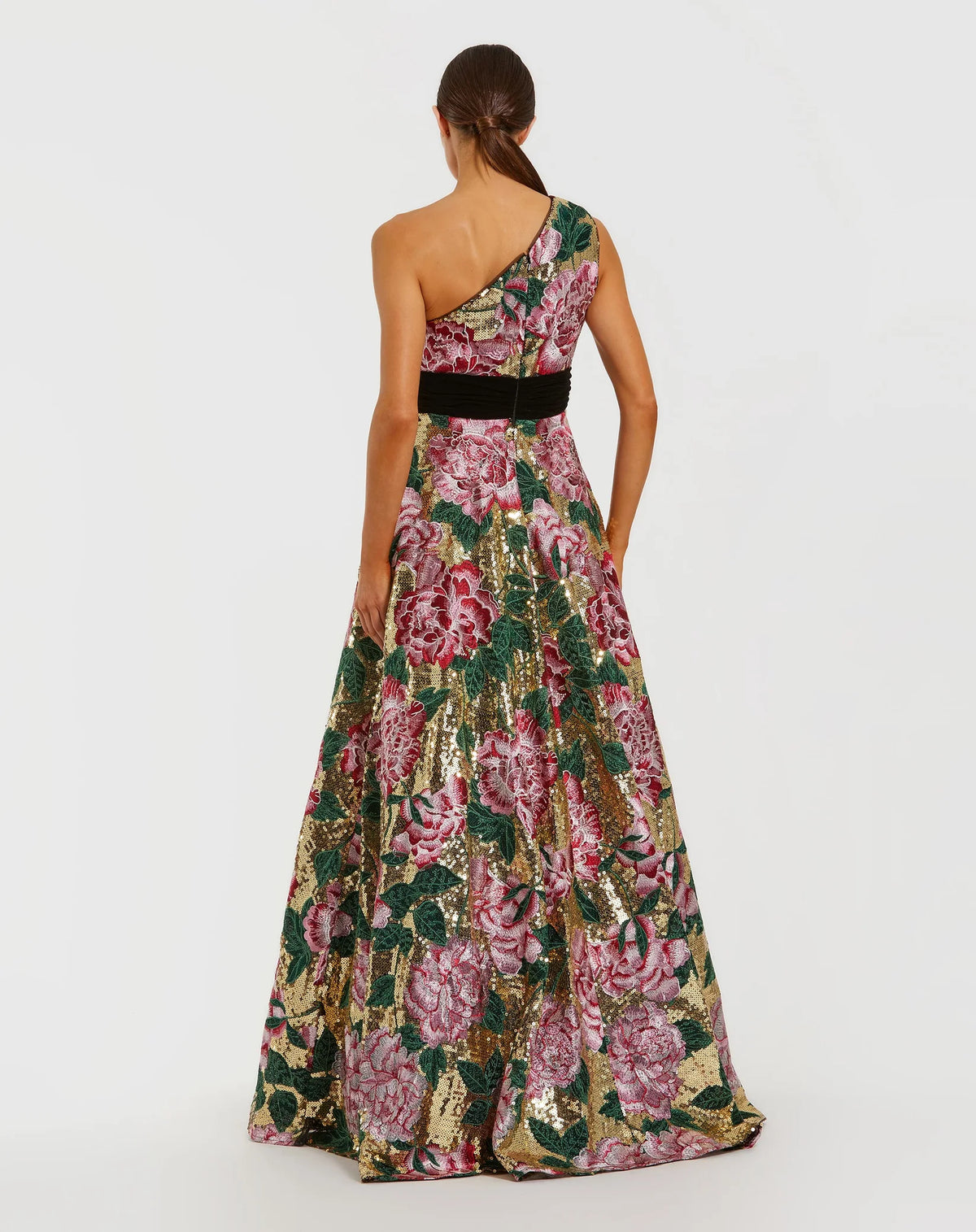 One Shoulder Sequin Ball Gown Velvet Bow - Gold