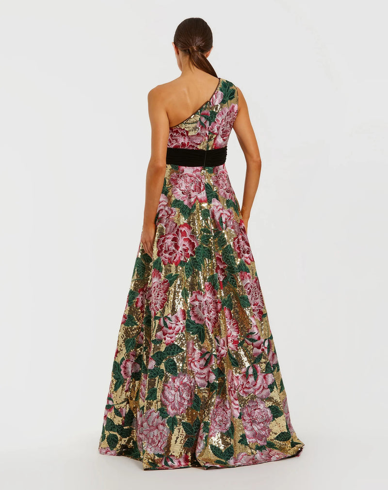 One Shoulder Sequin Ball Gown Velvet Bow - Gold