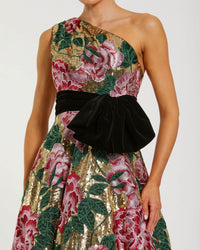 One Shoulder Sequin Ball Gown Velvet Bow - Gold