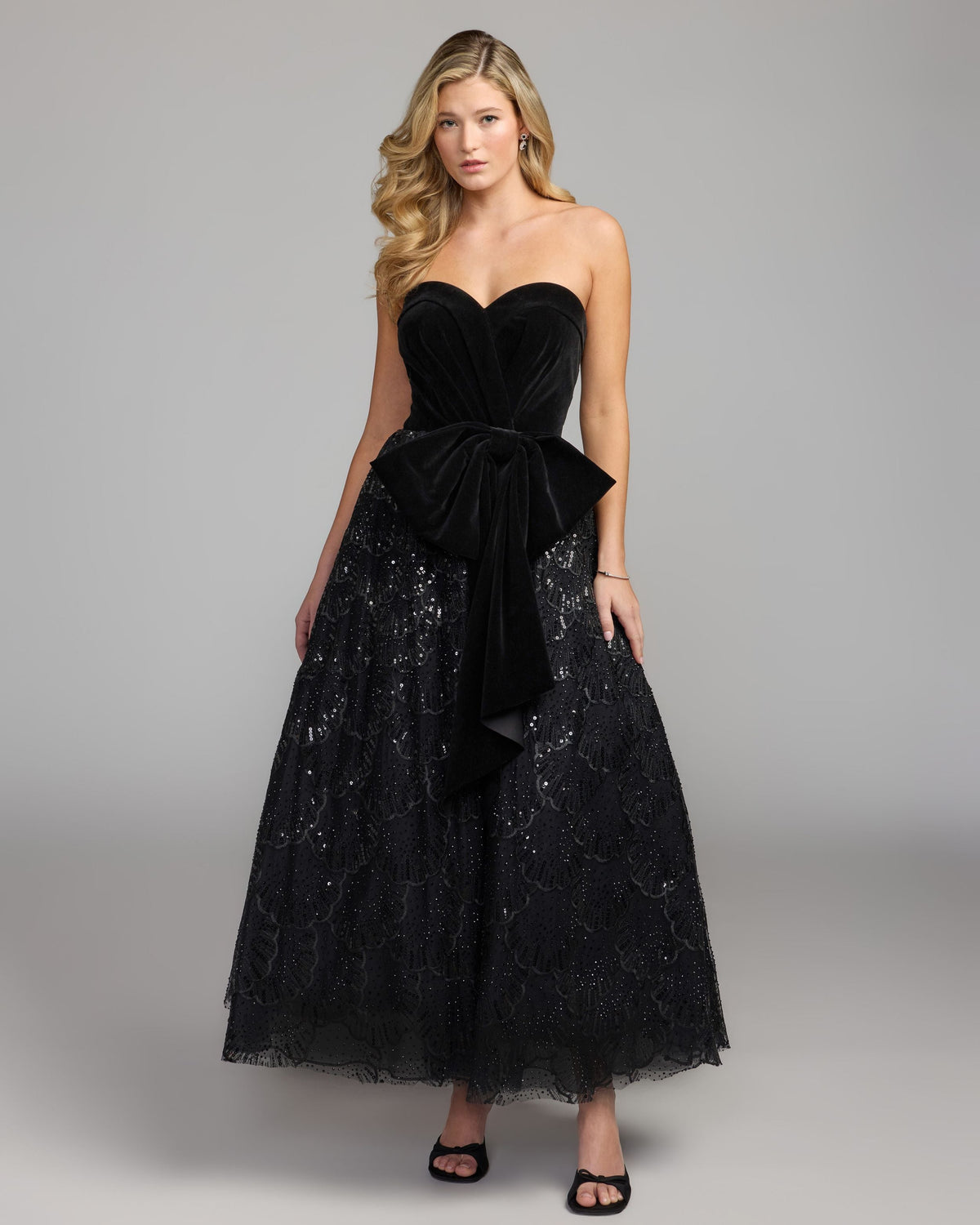 Mac Duggal #21197 black velvet bow sequin strapless a-line gown