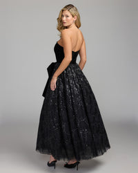 Mac Duggal #21197 black velvet bow sequin strapless a-line gown back view