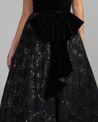 Mac Duggal #21197 black velvet bow sequin strapless a-line gown close-up
