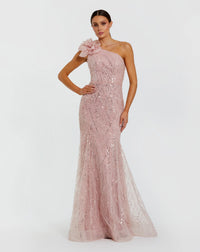 Mac Duggal Pink One Shoulder Beaded Mermaid Gown With 3D Flower #21199 Rose Pink
