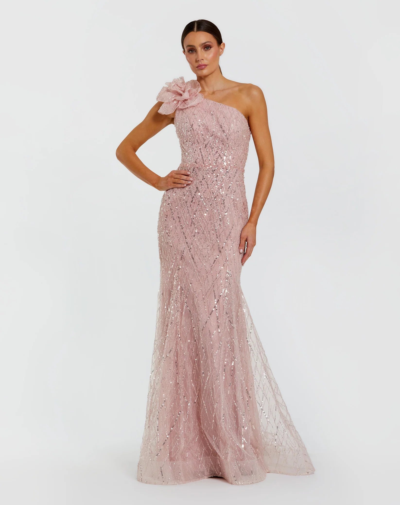 Mac Duggal Pink One Shoulder Beaded Mermaid Gown With 3D Flower #21199 Rose Pink