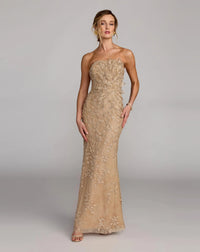 Mac Duggal Beige Strapless Embellished Lace Gown with 3D Flower Gold #21200