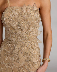 Mac Duggal Beige Strapless Embellished Lace Gown with 3D Flower Gold #21200