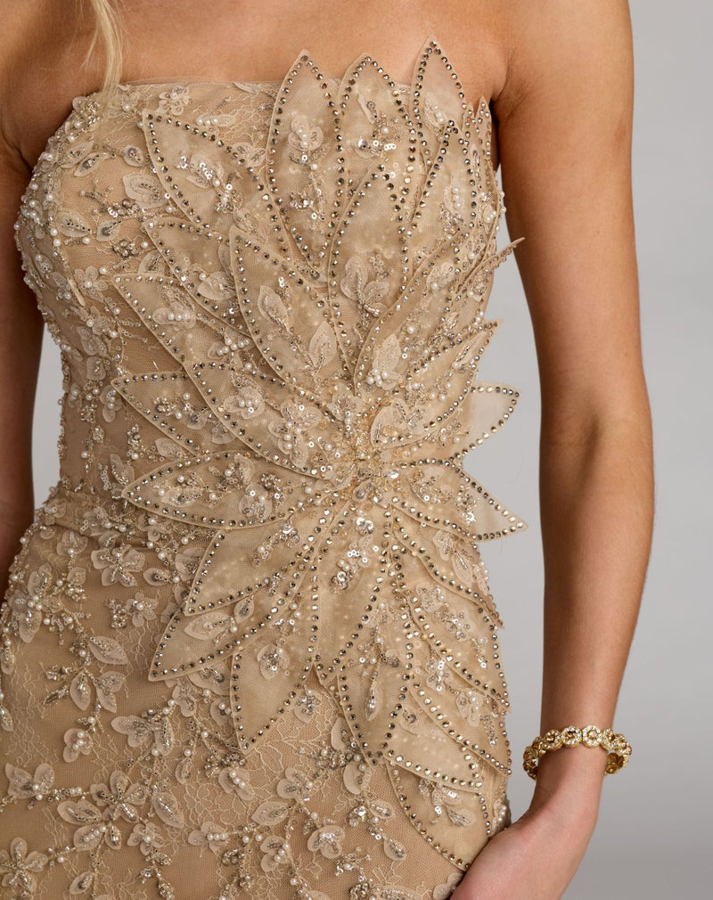 Mac Duggal Beige Strapless Embellished Lace Gown with 3D Flower Gold #21200