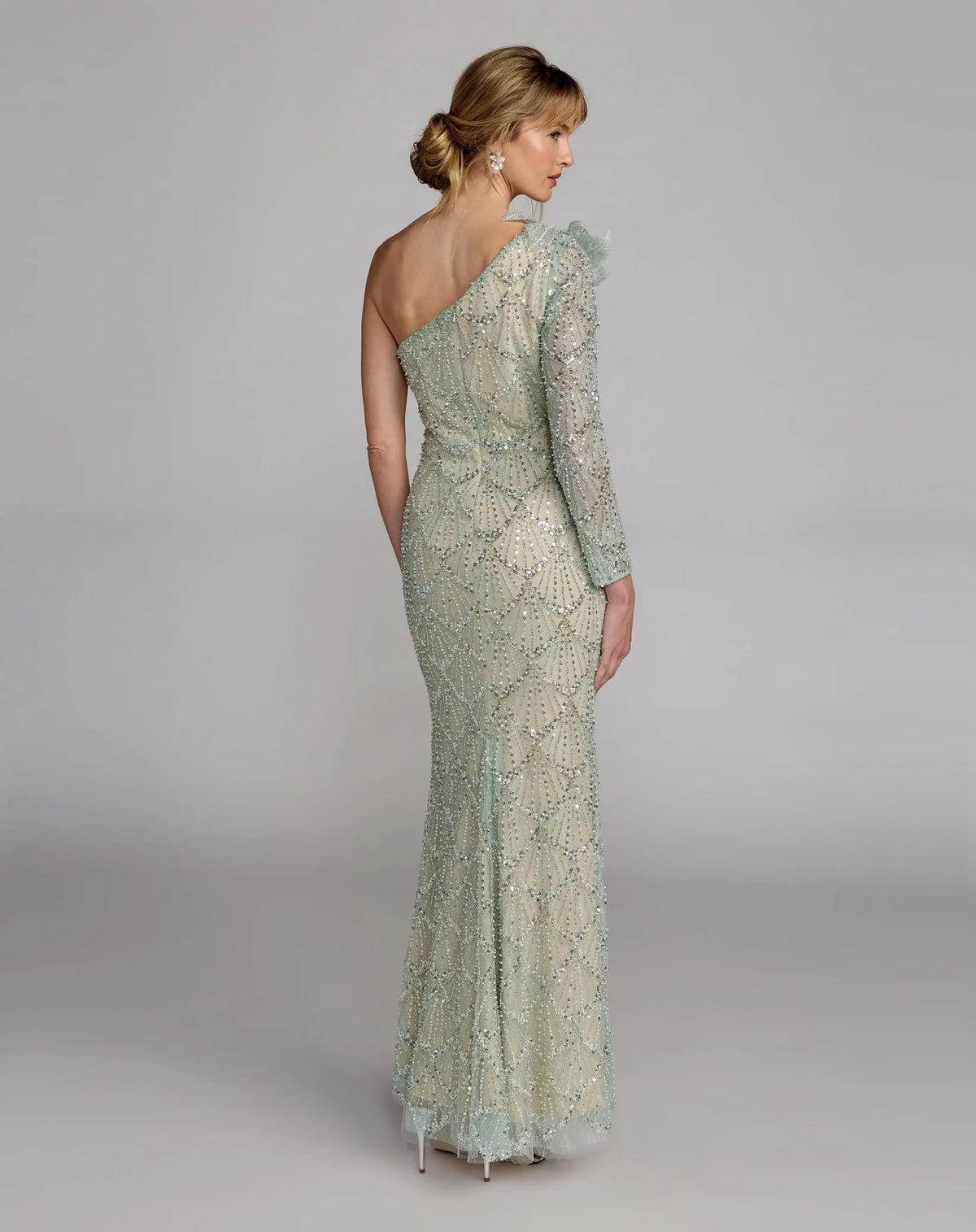 Mac Duggal Green One Sleeve 3D Flower Embellished Column Gown #21203 Seafoam