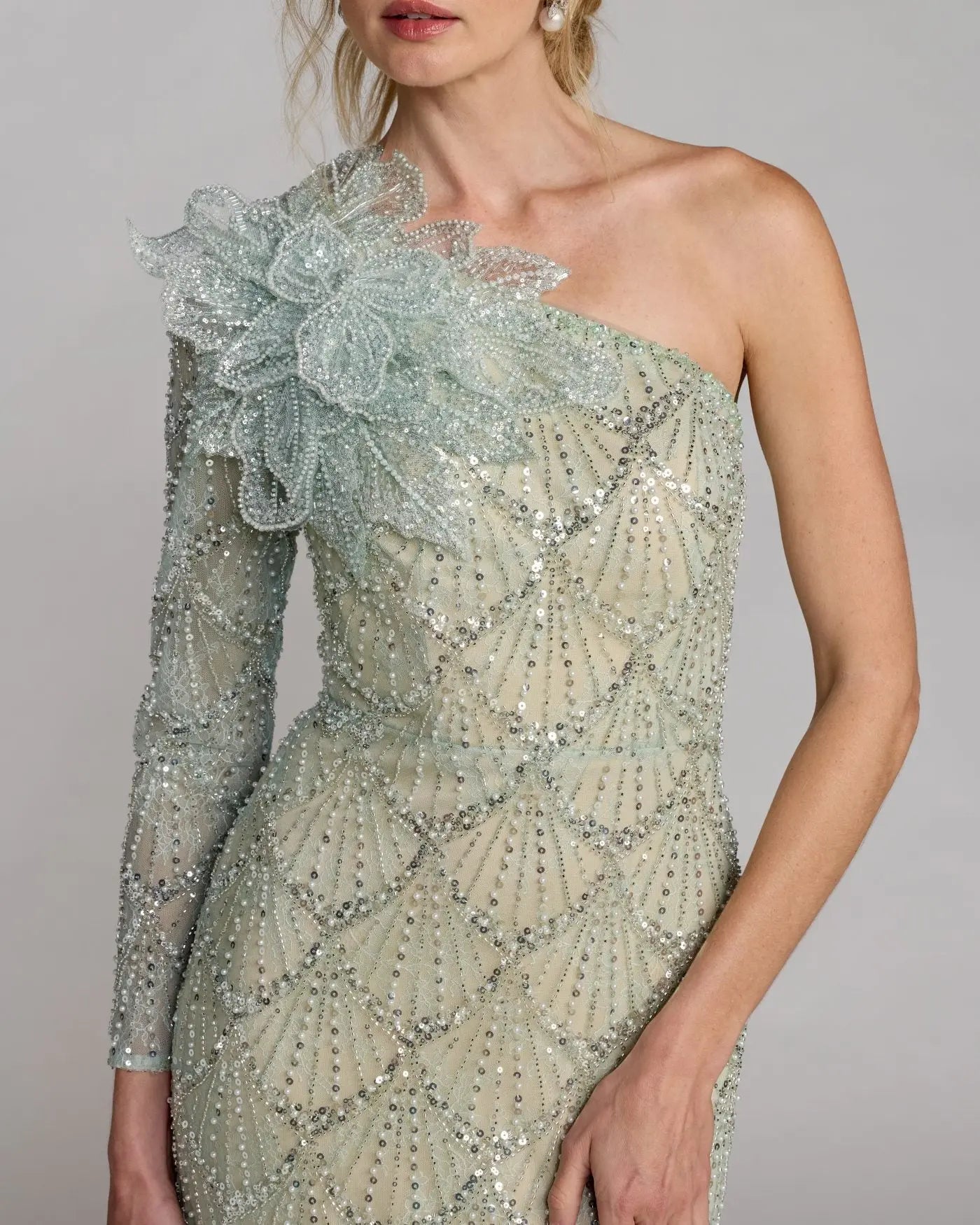 Mac Duggal Green One Sleeve 3D Flower Embellished Column Gown #21203 Seafoam