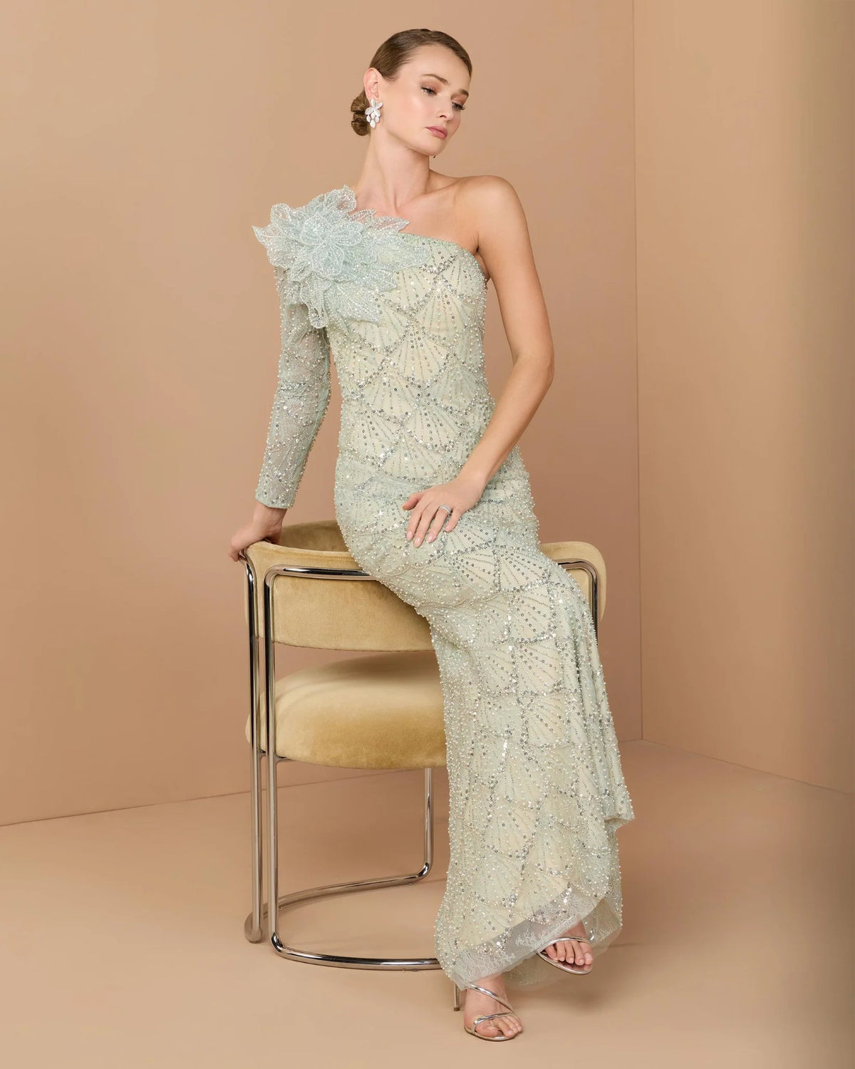 Mac Duggal Green One Sleeve 3D Flower Embellished Column Gown #21203 Seafoam