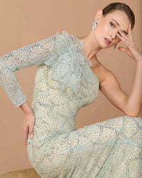 Mac Duggal Green One Sleeve 3D Flower Embellished Column Gown #21203 Seafoam