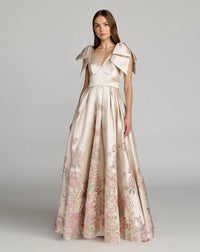 Mac Duggal Ivory Brocade V Neck Ball Gown With Bow Straps Nude Champagne #21204