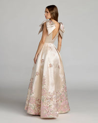 Mac Duggal Ivory Brocade V Neck Ball Gown With Bow Straps Nude Champagne #21204