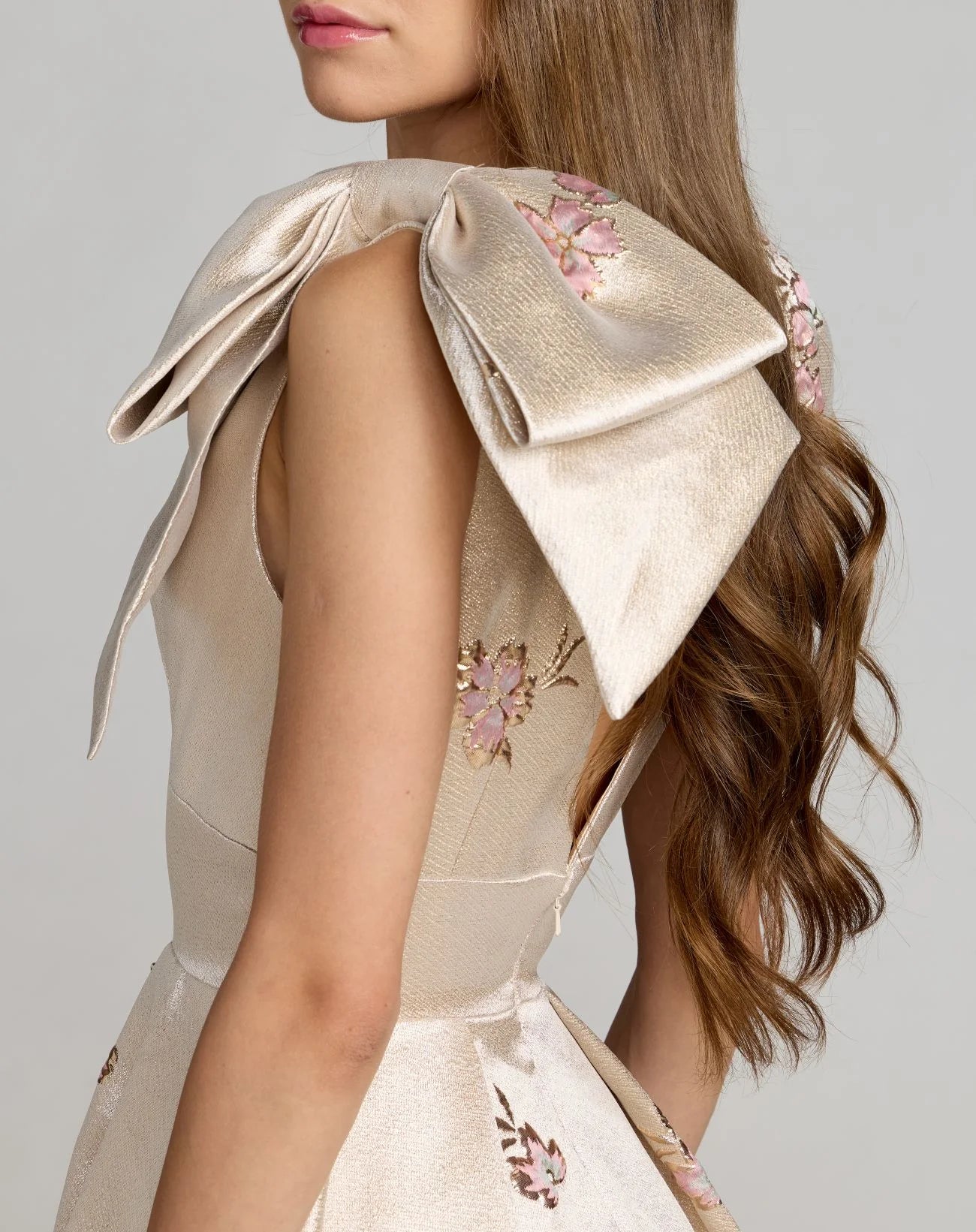 Mac Duggal Ivory Brocade V Neck Ball Gown With Bow Straps Nude Champagne #21204