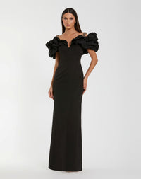 Mac Duggal #21205 black ruffle off the shoulder crepe column gown