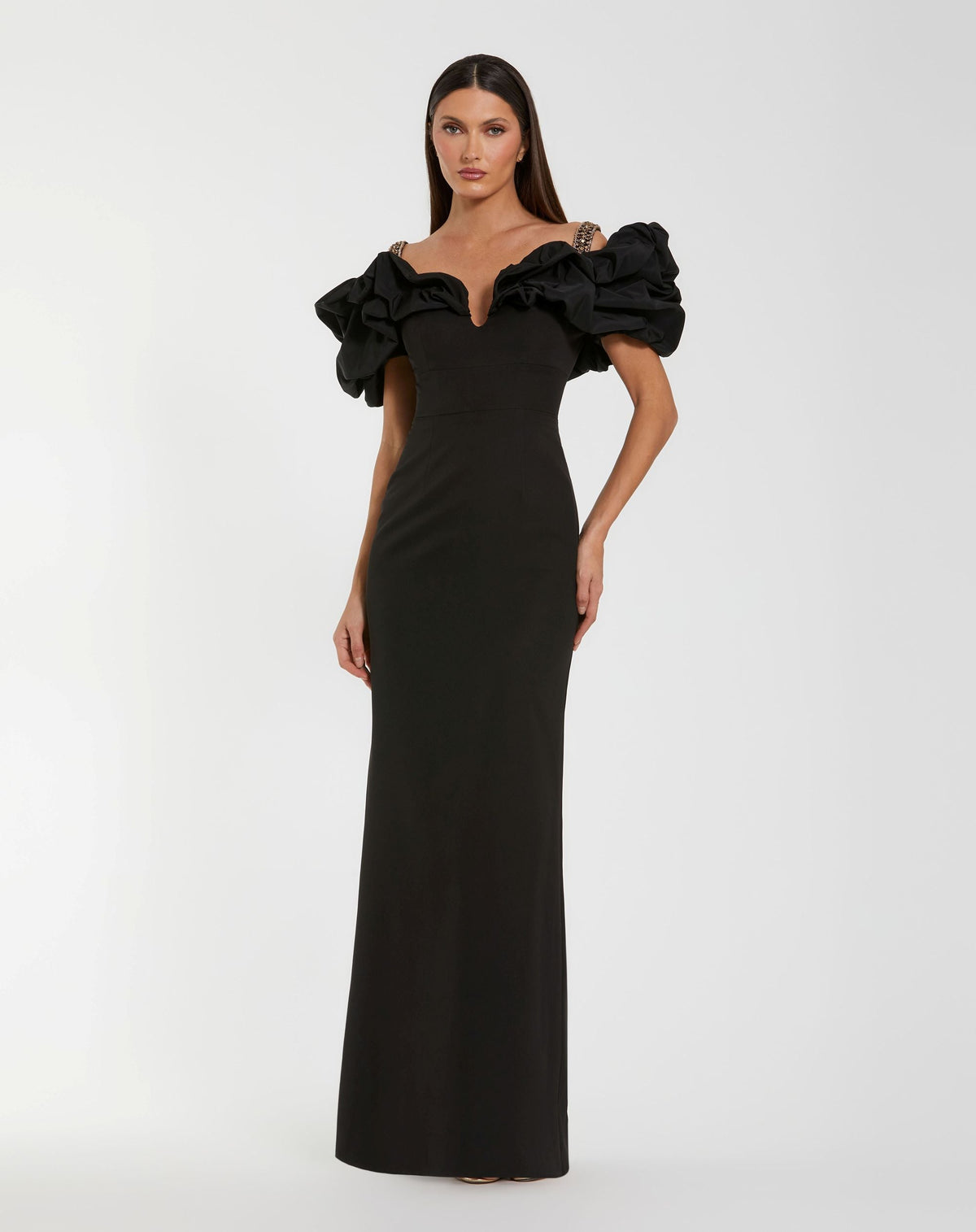 Mac Duggal #21205 black ruffle off the shoulder crepe column gown