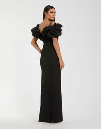 Mac Duggal #21205 black ruffle off the shoulder crepe column gown back view