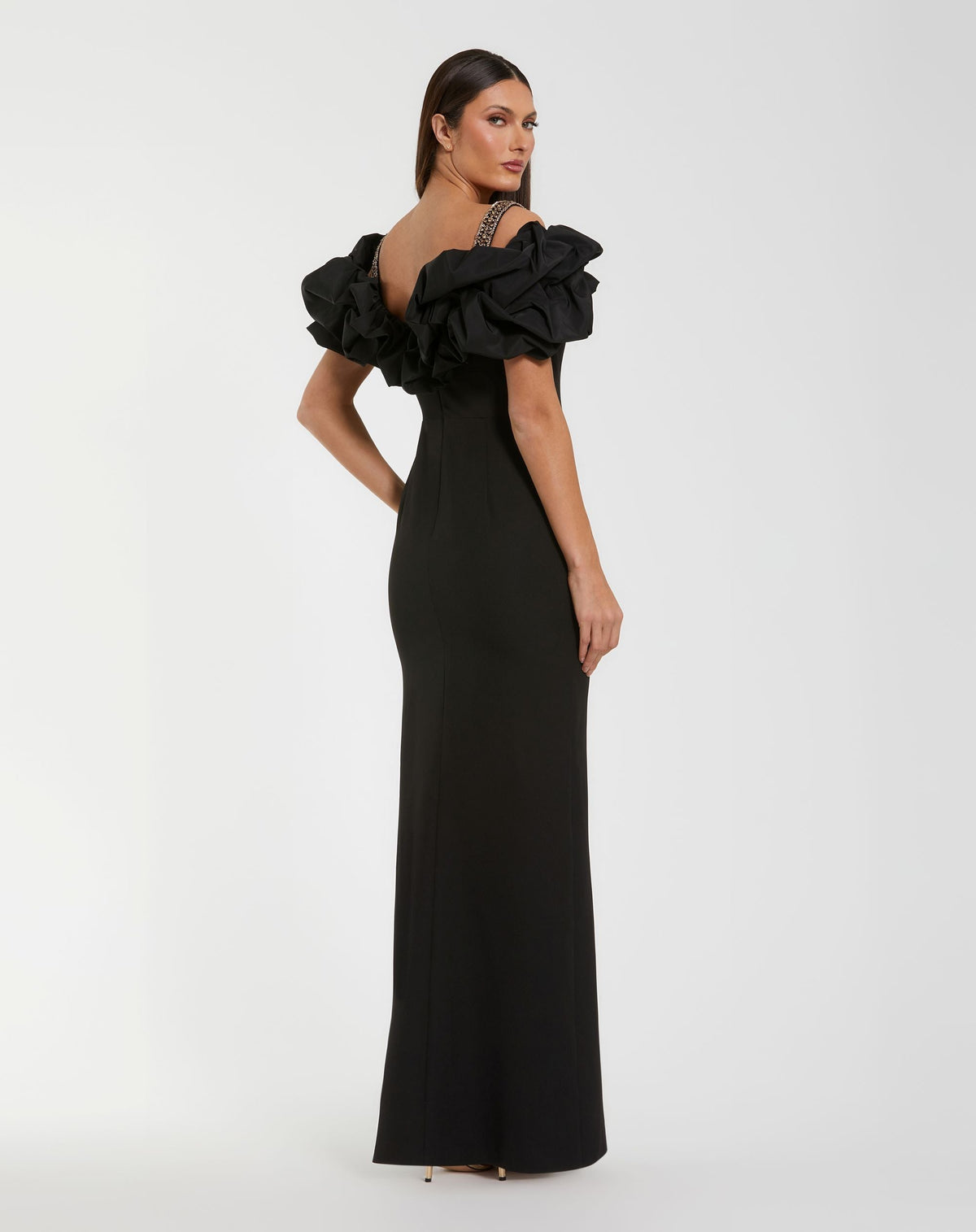 Mac Duggal #21205 black ruffle off the shoulder crepe column gown back view