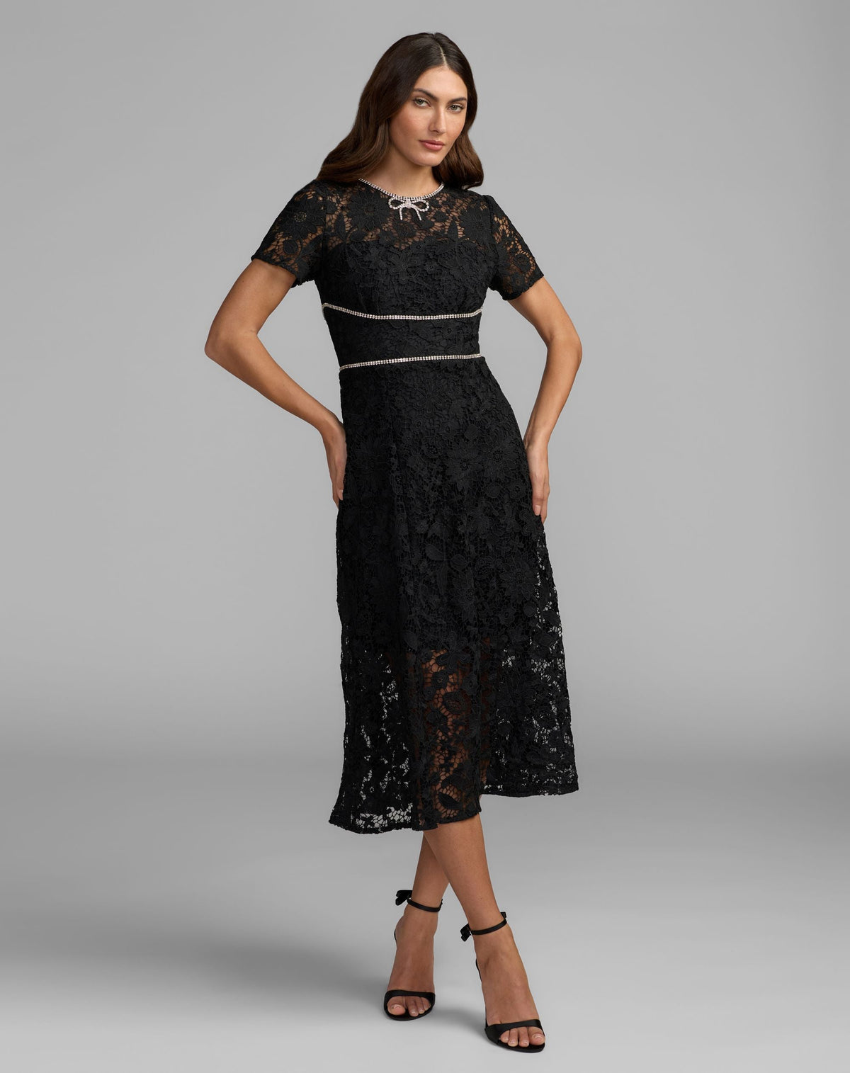 Mac Duggal #21208 black short sleeve lace midi dress with rhinestone trim