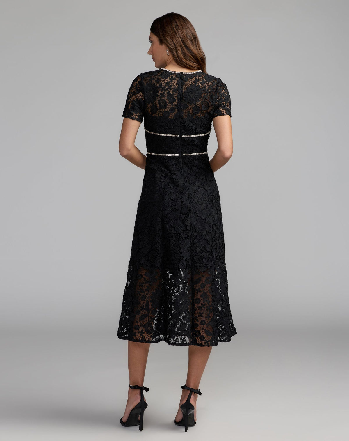 Mac Duggal #21208 black short sleeve lace midi dress with rhinestone trim
