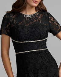 Mac Duggal #21208 black short sleeve lace midi dress with rhinestone trim