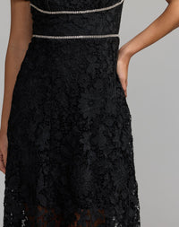 Mac Duggal #21208 black short sleeve lace midi dress with rhinestone trim