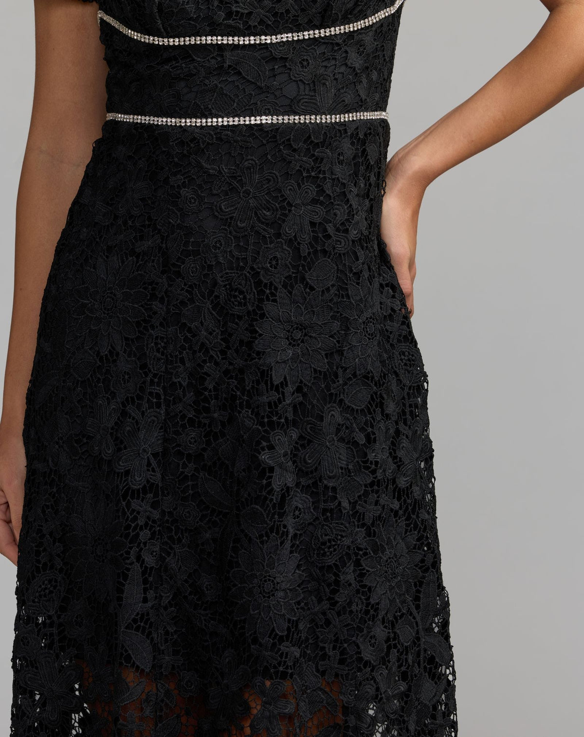 Mac Duggal #21208 black short sleeve lace midi dress with rhinestone trim