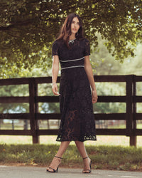 Mac Duggal #21208 black short sleeve lace midi dress with rhinestone trim