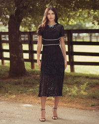 Mac Duggal #21208 black short sleeve lace midi dress with rhinestone trim