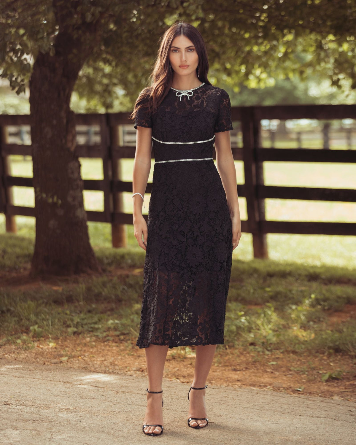 Mac Duggal #21208 black short sleeve lace midi dress with rhinestone trim