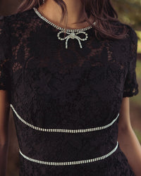 Mac Duggal #21208 black short sleeve lace midi dress with rhinestone trim